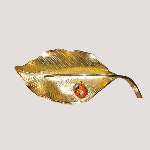 Vintage WELLS 14K Gold Filled Leaf Bug Pin Enamel Retro Ladybug Brooch Nature - Picture 10 of 11